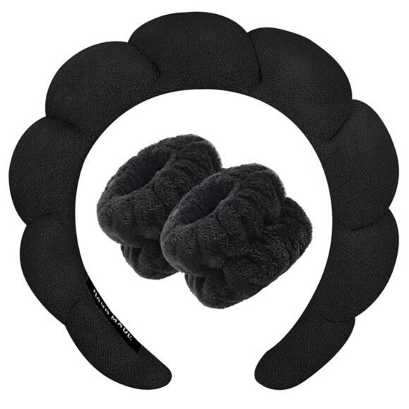 Spa Headband and Wristband Set Face Wash Makeup Skincare Hair Accessory Black - Picture 1 of 7